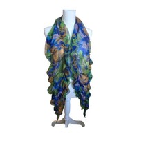 Long Ruffle Cynthia Rowley Scarf Floral Blue Purple Green Polyester Versatile - $14.84