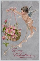 Valentine Greeting Cute Cherub With Basket of Pink Flowers Postcard X24 - £5.55 GBP