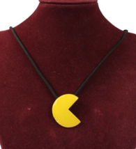Vintage 1970s Metal Pac-Man Necklace on Black Cord 24 Inches - $18.69