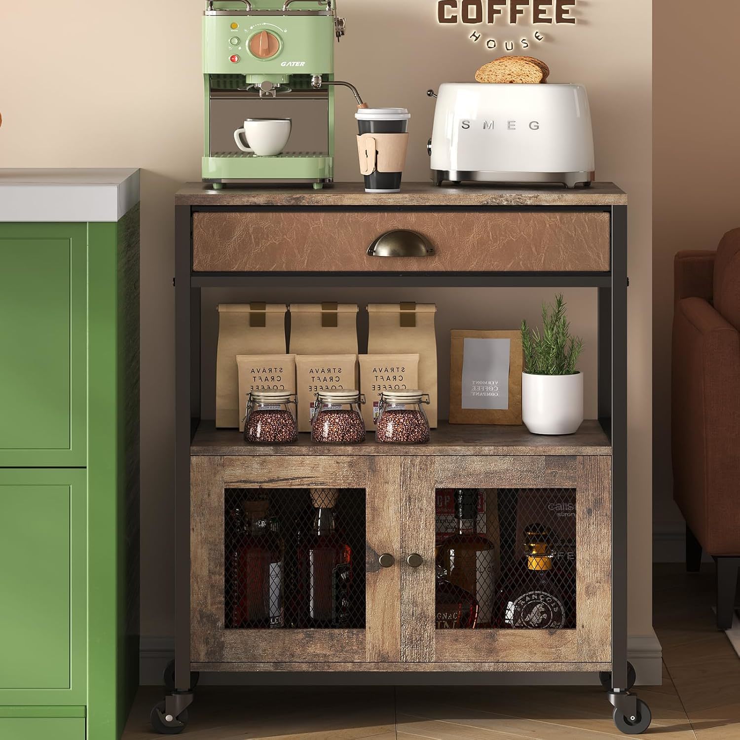 X-Cosrack Coffee Bar Cabinet，3 Tiers Kitchen Coffee Cart With Drawer, Ki... - £70.51 GBP