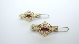 Two small tiny gold garnet red crystal hair pin clip barrettes fine hair - £8.75 GBP