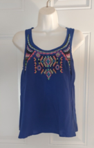 Love On A Hanger Cute Blue Tank Top Embroidered Tie Back Rayon Blouse Size Small - £8.57 GBP