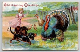 Thanksgiving Greetings Girl With Dogs And Turkey Postcard V22 - $4.95