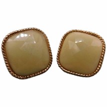 Pierced Women Earrings Beige Color Tone Faceted Cushion Shaped Beads Gold Tone - £7.82 GBP