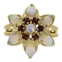 1.20 Carat Opal &amp; Garnet Flower Style Vintage Ring 14K Yellow Gold - £340.54 GBP