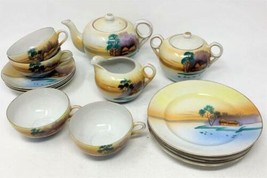 TAKITO TT Japan 19 pc Tea Set Grass Huts &amp; Sunset Teapot Cream Sugar Plates Cups - £108.17 GBP