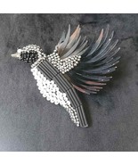 Womens Fashion Black Silver Flying Bird Beaded Art Deco Brooch Pin - $41.03 CAD
