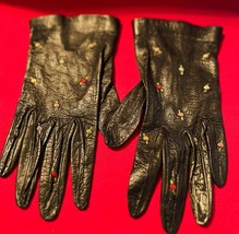 Vintage Ladies Brown Leather Driving Gloves Embroiderd w Roses Size Very... - $27.74 CAD