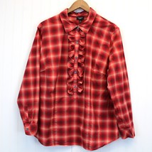 Talbots Woman Size 14W Plaid Blouse Ruffle Front Red Beige Plaid Prairie Modest  - £19.22 GBP