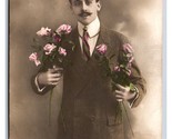 RPPC Tinted Mustache Man With Flowers Bonne Annee New Year UNP Postcard U22 - $4.90