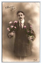 RPPC Tinted Mustache Man With Flowers Bonne Annee New Year UNP Postcard U22 - £3.85 GBP