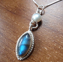 Labradorite and Cultured Pearl Rope Style Accent Pendant 925 Sterling Silver - £11.57 GBP