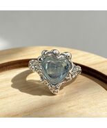 Natural Aquamarine Heart Ring S925 Silver Hammered Adjustable March Birt... - $54.99