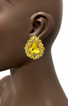 1.7/8&quot; Long Yellow &amp; Iridescent Crystal Clip On Earrings,Pageant Costume Jewelry - £21.26 GBP