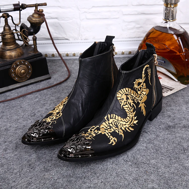 New Retro Embroidered Leather   Pointed Toe Ankle Boots Men Business Work Boots  - £287.47 GBP