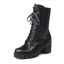 Ankle Boots For Women Platform Shoes Punk Style Rubber Sole Lace Up Black Autumn - £74.68 GBP