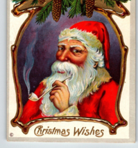 Christmas Postcard Santa Claus Smoking Pipe Embossed Pinecones Stecher Ser 230 E - £10.69 GBP