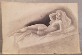 Nude Woman in Repose on Bed Drawing Long Hair Laying 1950s Vintage - $18.95