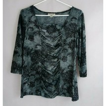 Dressbarn Gray &amp; Black Rouched Blouse With Velvet Floral Designs Size Me... - £15.31 GBP