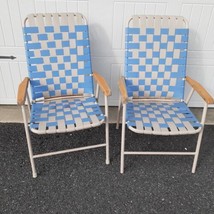 2 Matching Vinyl Webbed Folding Lawn Chairs Blue Gray Wood Armrest Camp ... - $65.48
