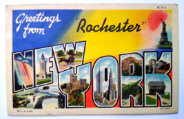 Greetings From Rochester New York Large Big Letter Postcard Linen 1938 Vintage - £25.40 GBP