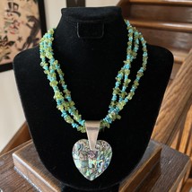 Vintage Jay King 3 Strand Necklace Turquoise Peridot Abalone Heart Pendant 925 - £99.87 GBP