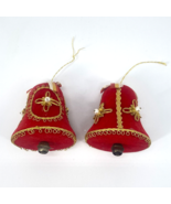 Vintage Red Flocked Bell Christmas Ornaments Ribbons Gold Trim Bell 2-1/... - $14.52
