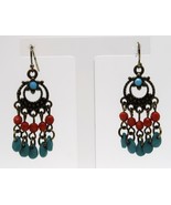 Vtg Bohemian Blue Red Beads Drop Dangle Chandelier Earrings Boho South W... - $19.99