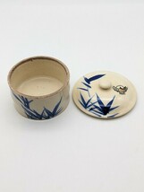 Antique Chinese Japanese Pottery Trinket Bowl Dish Hand Painted Blue Bamboo - $441.81 MXN