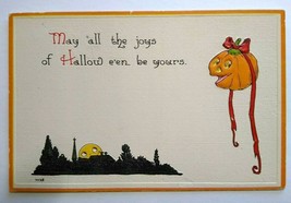 Halloween Postcard Bergman Yellow Moon Peeks Over City Goblin Lady Series 7035 - £24.23 GBP
