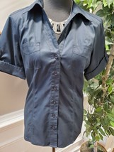 Chico&#39;s Women&#39;s Solid Blue 100% Cotton Collared Button Down Short Sleeve Shirt 1 - £18.96 GBP