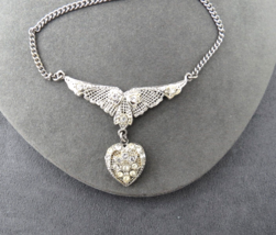 Vintage Rhinestone Filigree Heart Necklace Silver Tone 17&quot; Circle Spring... - £30.71 GBP