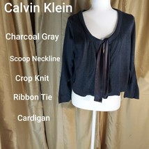 Calvin Klein Charcoal Gray Crop Knit Ribbon Tie Cardigan Size L - £11.15 GBP