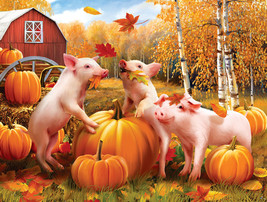 FRAMED CANVAS PRINT Wall Art Giclee Pigs and pumpkin autumn farm animals barn - £31.74 GBP+