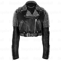 New Women&#39;s Metallic Silver Spiked Studded Black Brando Biker Leather Jacket-750 - £286.72 GBP