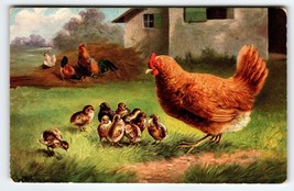 Postcard Rustic Rooster Baby Chicks Signed Muller Germany Barnyard Anima... - $20.43