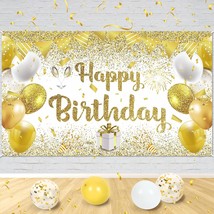 Gold White Birthday Party Decorations Banner, Gold And White Happy Birth... - $23.99