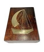 Vintage Wooden Jewelry Trinket Box Brass Inlay Sail Ship Yacht India 5”x7” - $29.99