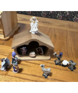 Rare Vtg Handmade &amp; Hand Painted Clay Figures wood manger Nativity Set w... - $39.55