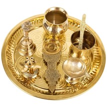 Pooja Thali Hindu Temple Brass Indian Puja Diwali Aarti Plate Diya Bell Kalash - $73.97