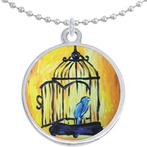 Bird Cage Bluebird Round Pendant Necklace Beautiful Fashion Jewelry - £8.46 GBP