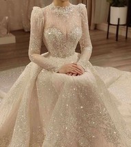 Vintage Vestidos De Novias High Collar O Neck Bling Bling Glitter Fabric Long Sl - £489.91 GBP