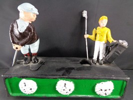 Vintage Cast Iron Mechanical Coin Money Bank Golf Caddy Birdie Hole In One Works - £31.28 GBP