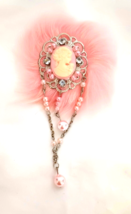 Handcrafted Women&#39;s Cameo Brooch/Pin Victorian Inspired Beads Pink Faux Fur - £9.59 GBP