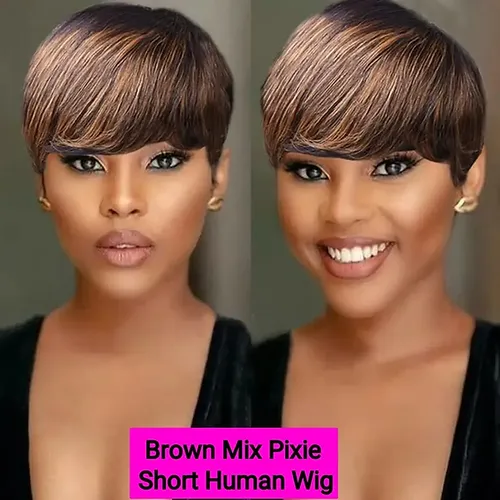 Brown Mix Short Pixie Human Glueless Wig - £123.91 GBP