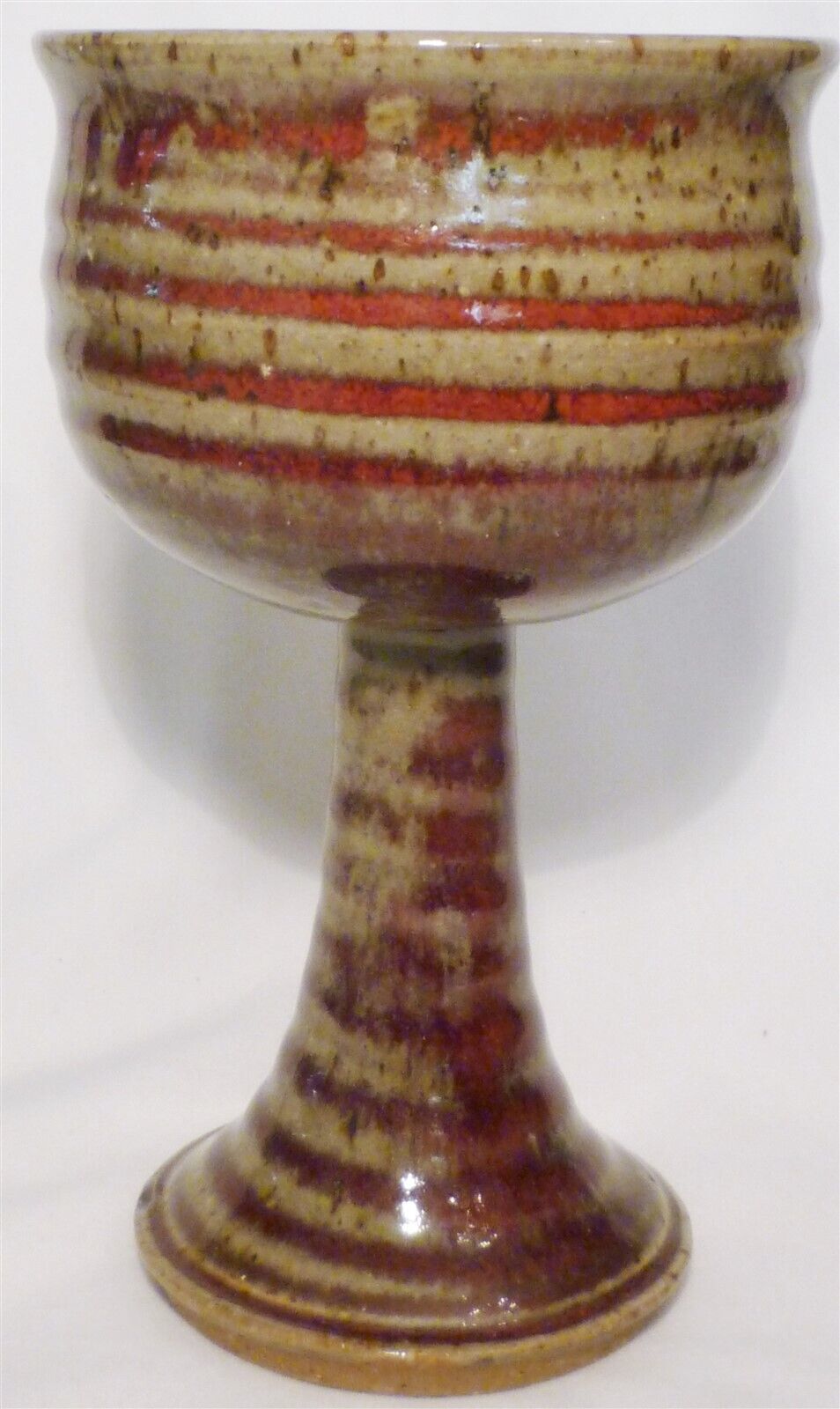 STUDIO ART POTTERY PEDESTAL STEMMED GOBLET CANDLE HOLDER RED SPIRAL SIGNED - $34.00