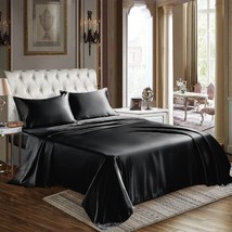 Satin Sheets Queen Size 4-Pieces Silky Sheets Microfiber Black Bed Sheet Set Wit - £39.14 GBP