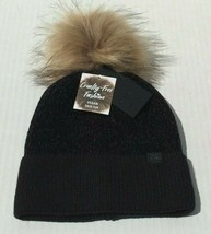 Black Chenille Knit Faux Fur Pom Beanie Hat Soft Stretchy Skull Cuffed C... - £9.70 GBP