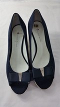 Etienne Aigner Espadrille Sandal Wedge Peep Toe Navy Linen w/ Bow Women ... - £35.24 GBP