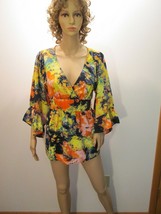 Betsey Johnson Colorful Floral Peasant Tunic Top Blouse Sm Tie Back V-Neck Euc - £31.43 GBP